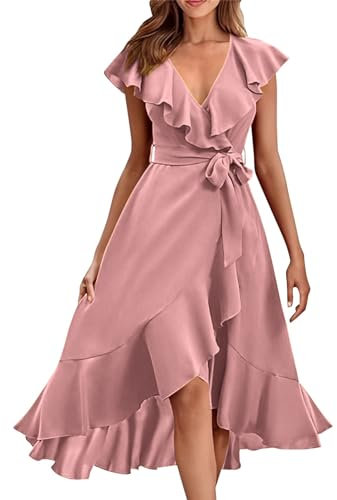 AMDOLE Robe blanche à manches courtes à volants longue à lacets robes décontractées longueur genou, rose gold, L