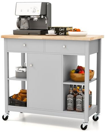 GiantexUK Kitchen Island Cart, Mobile Storage Trolley on Wheels with Adjustable Shelf, Rubber Wood Tabletop & Drawers, Rolling Utility Serving Cart for Dining Living Room Restaurant (Grey)