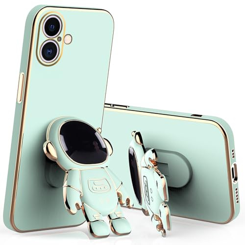 Wousunly für iPhone 16 Hülle Silikon Stoßfeste TPU | Handyhülle für iPhone 16 mit Ständer Astronaut 3D Case Galvanisierte Karikatur Dünn Kratzfest (grün)