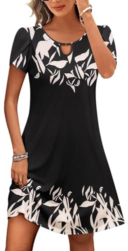 Zeagoo Summer Boho Dress for Women Short Sleeve Cotton Sundress V Neck Women's Swing Dress Casual Petite Dresses Black Floral S