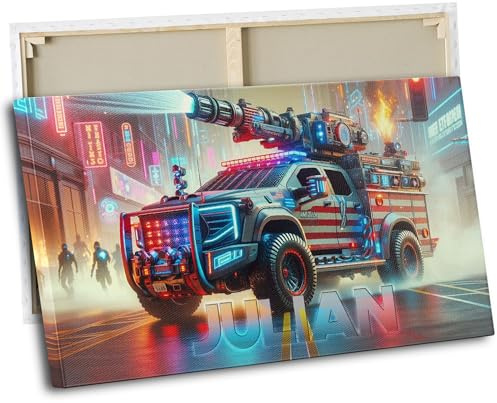 timalo® Kinderzimmer Wandbild Bild auf Leinwand Kinder Bilder für die Wand Leinwandbild xxl personalisiert mit Namen Mädchen Jungen Bild fürs Teenager Zimmer | 60 x 40 cm Feuerwehr Futuristisch