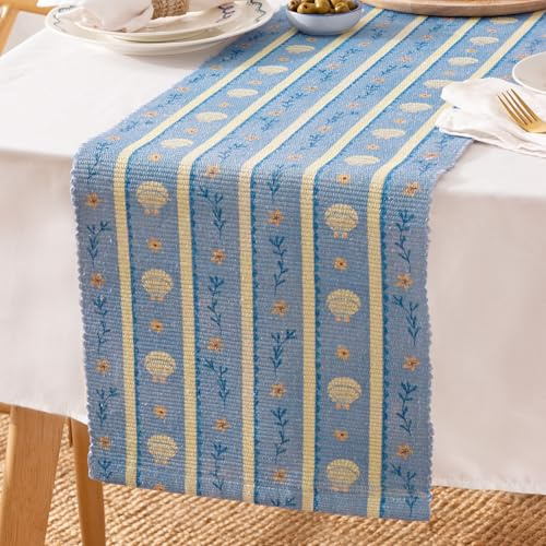 furn. Sea Shells Table Runner – Washable Nautical Stripe Coastal Quick Drying Dining Table Decoration (Blue - 220x35cm)