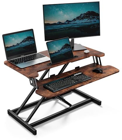 VonHaus Standing Desk Converter, Height Adjustable Computer Workstation with Keyboard Shelf, Dual Monitor Desk Riser w/Tablet Holder - 80x40cm (Dark Wood)