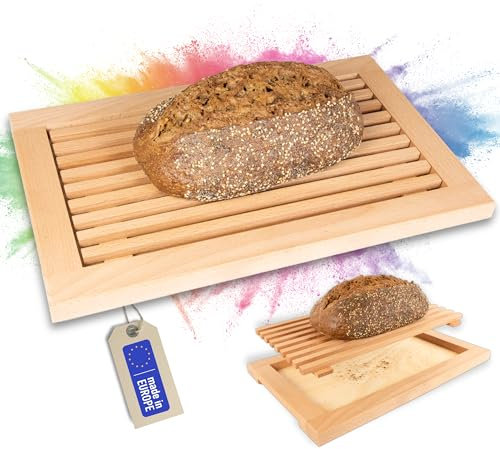 ASTREIN Tabla de cortar pan con rejilla para migas de madera de haya maciza, tabla de cortar para pan con bandeja recogedora, 40 x 25 cm, fácil de limpiar, fabricada en Europa (40 x 25 cm)