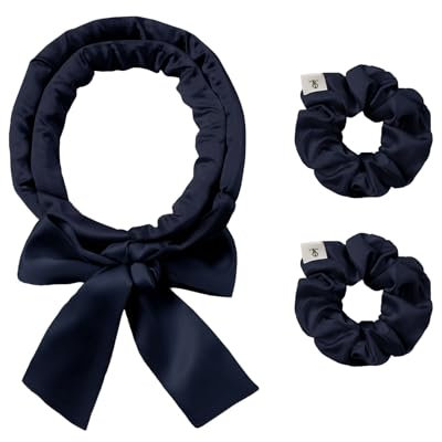 LILYSILK Damen 100% Seide Lockenwickler ohne Hitze 3-teiliges Set seidengefüllte Lockenwicklerstäbe mit verstellbarem Schleifenband frizzfrei über Nacht(Dunkelblau)