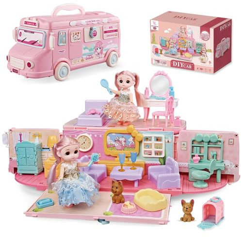 DINO SONO Rosa Puppenwohnwagen Spielzeug mit Wohnzimmer, Schlafzimmer, 2 Puppen & Hunden, Rollenspiel, Wohnmobil Spielset für Kinder ab 5 Jahren