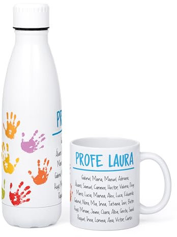 Regalo Original - Taza y Botella Personalizada para Profesores - Capacidad de 33cl y 500 cm - Ideal para Fin de Curso - Personaliza con Nombre de todos los Alumnos