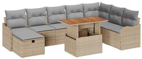 vidaXL Garten-Sofa-Set mit Kissen mit Speicher 9 pcs Beige Poly Rattan, Garten und Terrasse, modernes, modulares Design, verstellbare Füße, Coole Möbel, vielseitige Lounge für Entspannung