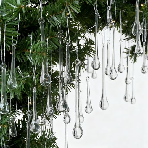 OuMuaMua 100 Stück Glas-Regentropfen-Weihnachtsschmuck, Kristall-Tropfen-Hängeornamente, klare Kronleuchter, Tropfenanhänger, Dekorationen für Weihnachtsbaum, Winter, Neujahr, Partyzubehör