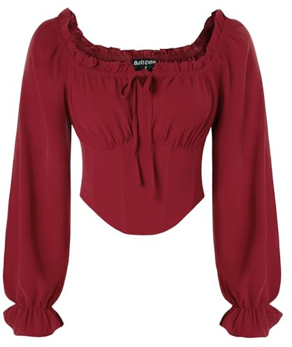 SCARLET DARKNESS Women's Medieval Crop Top Long Sleeve Corset Tops Square Collar Elastic Waist Pirate Shirt