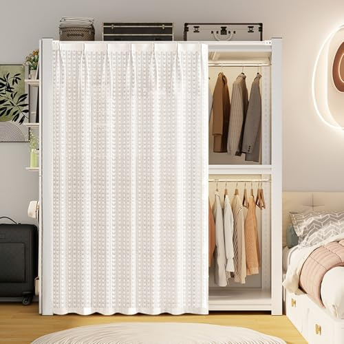 Waschbar Schrankvorhang Zum Schieben Weiss Staubdichter Privatsphäre Regal Vorhang Kein Stanzen Erforderlich mit Selbstklebender Flüsterschiene(A,W 140 cm x H 180 cm)