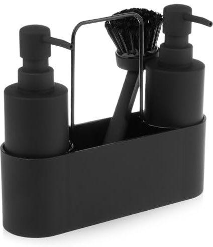Distributeur de liquide vaisselle de cuisine 4 en 1 avec distributeur de savon, distributeur de savon de cuisine, organisateur d'évier, noir avec porte-éponge et brosse, pour étagère d'évier, cuisine