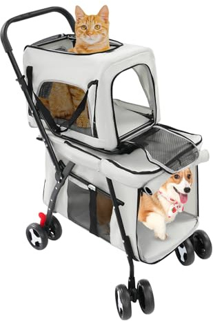 Klappbarer Hundewagen Doppelter Hundebuggy mit abnehmbaren Tragetaschen, Haustiere Buggy für kleine, mittelgroße Hunde und Katzen (Grau)