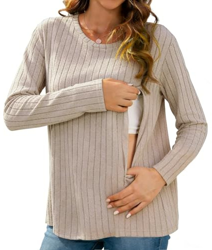 Stillshirt, Stillshirt Langarm Mit Verstecktem Reißverschluss,Lose Stilltops Damen,Stilloberteile Damen Freizeit Umstandsmode Umstands-Rippshirt,Stillmode Für Schwangerschaft Und Stillzeit(L,Braun)