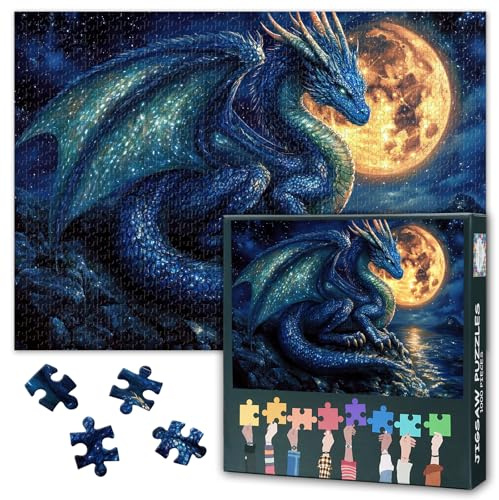 Puzzle 1000 Teile, Blauer Drache Puzzles für Erwachsene, Drache im Mondlicht Puzzle für Erwachsene 1000 Teiliges Anspruchsvolles Puzzles Perfekt für Spieleabende Fertige Größe 50 x 70 cm