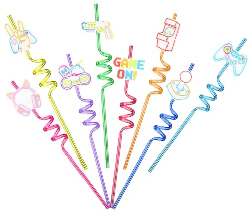 8 Pcs Game Style Plastic Drinking Straws, Funny Colorful Plastic Straw, Reusable Curly Straws for Game Lover Kids and Adults, Novelty Party Decorations Supplies