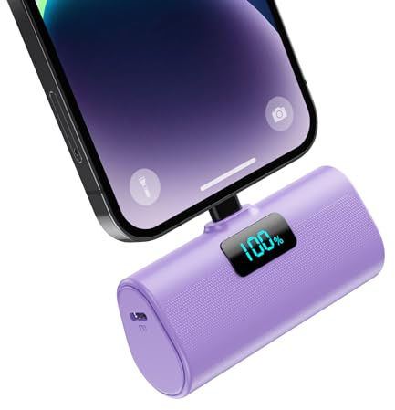 Mini Powerbank 5200mAh für iPhone, Klein Power Bank 20W PD 4.0A Schnellladefunktion Externer Akku, Compact LCD Digitalanzeige Akkupack Kompatibel mit iPhone 14/14/Pro Max/13/12/11/XR/XS/8/7/6plus-Lila