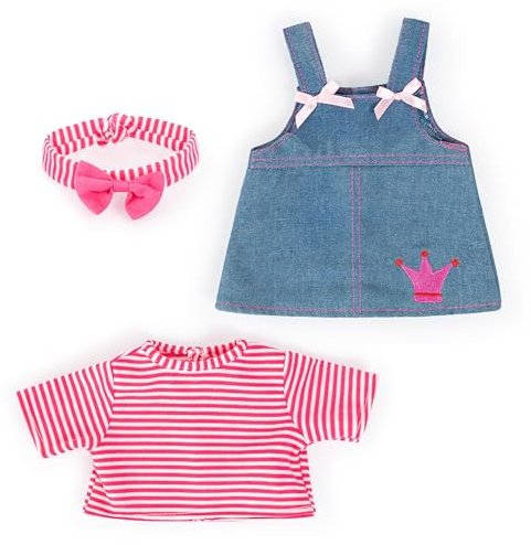 Bayer Design 83853AA Kleidung für Puppen 33-38cm, Jeanskleid mit Shirt, Stirnband, Puppenzubehör, 2+ Jahre, rosa, Jeans, Streifen