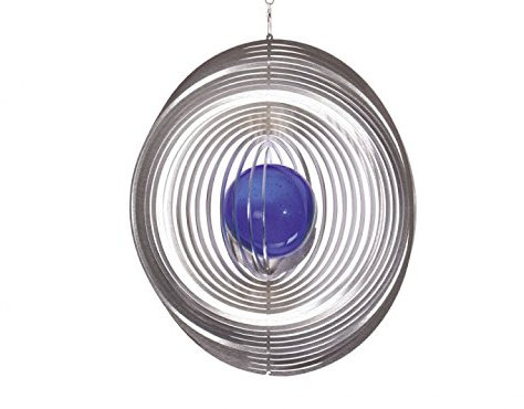 Illumino Edelstahl-Windspiel Kreis mit Crash kobaltblauer 70mm Glaskugel