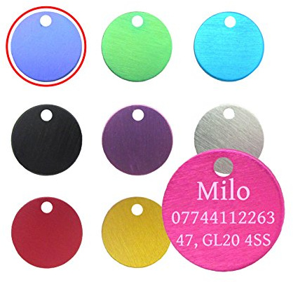 Quality 22mm Round Anodised Pet Id Tag & Ring, Dog, Cat, Engraved Free and P&P Supplied And Engraved (Blue)