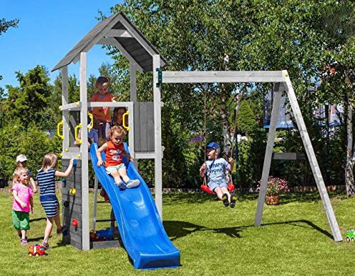 Fungoo Spielturm Carol 2 aus Kiefernholz mit Rutsche blau 220cm ,03020