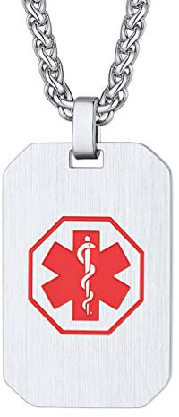 PROSTEEL personalisiert Medical Alert Halskette für Allergie Diabetes Edelstahl Dog Tag Anhänger Name Texte Gravur SOS Notfall Erkennungsmarke Schmuck Accessoire mit 55+5cm Weizenkette