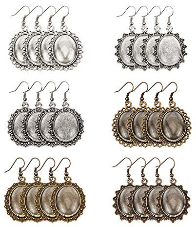 PandaHall 36Sets 3 Style Ohrring Anhänger Tablett Lünette Cabochon Einstellungen, 40 Stück Ovale Transparente Glas-Cabochons Und 40 Stück Messing-Ohrringhaken