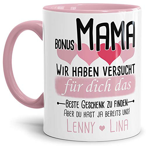 Tassendruck Geschenk Tasse mit Spruch PERSONALISIERT - Bestes Geschenk für Bonus-Mama von Kindern - Kaffee-Tasse/Geschenkidee Geburtstag Muttertag/Muttertagsgeschenk - Innen & Henkel Rosa