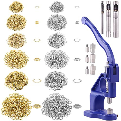 Glarks 3007-teiliges strapazierfähiges Handpress-Ösenwerkzeug-Set mit Ösen, inklusive Ösenmaschine mit 3 Stanzformen #0#2#4 und 3000 goldenen und silbernen Ösen für Banner, Markisen, Poster, Vorhang