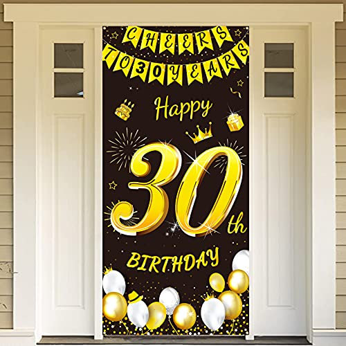DPKOW Schwarz Gold 30. Geburtstag Dekoration für Mann Frau, Banner für Hintergrund Tür Deko, Garten Tisch Wand Deko, 185 x 90cm Stoff