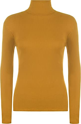 Womens Polo Turtle High Roll Neck Plain Ribbed Long Sleeve Ladies Stretch T-Shirt Top (12-14, Mustard)