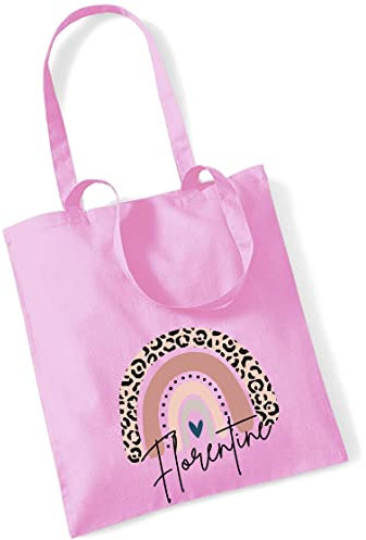 Jutebeutel bedruckt mit Namen & rosa Regenbogen LEO-Print |Stofftasche Baumwolle inkl. Namensaufdruck für Mädchen | Personalisierter Kinderbeutel Tragetasche für Krippe, Kindergarten, Schule (rosa)