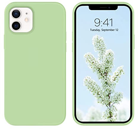 DUEDUE Silicone Case for iPhone 12/12 Pro 6.1-Inch, Liquid Silicone Soft Gel Rubber Shockproof Protective Case, Microfiber Cloth Lining Cushion Protective, Matcha Green