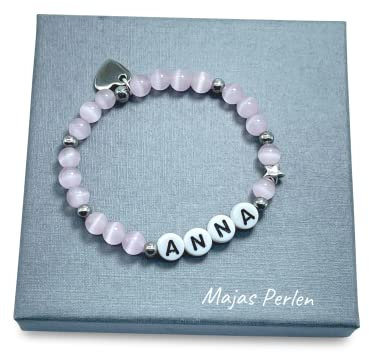 Perlenarmband mit Name - Cateyeperlen Rosa und Edelstahl - Armband mit Namen Größen 12cm bis 20cm - Geschenk Mädchen Geburtstag Mama Kinder Freundschaft und Liebe - Handmade personalsierbar