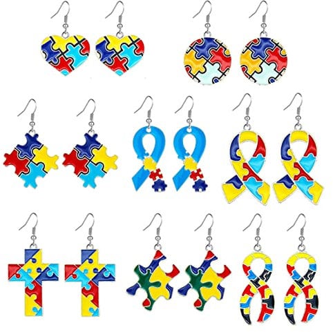 SWEETGRJ 8 Pairs Autism Puzzle Earrings for Women Girls Personalized Enameled Heart Square Round Cross Autism Awareness Jigsaw Puzzle Geometric Statement Hook Earrings Jewelry, Zinc, unknow
