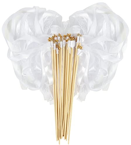 XiYee 50 Stücke Zauberstäbe mit Glocken, Weiß Wedding Wands, Zauberstäbe Hochzeit Luftschlangen, Luftschlangen mit Holzstäbchen werden für Hochzeiten, Geburtstage, Weihnachten, Partys