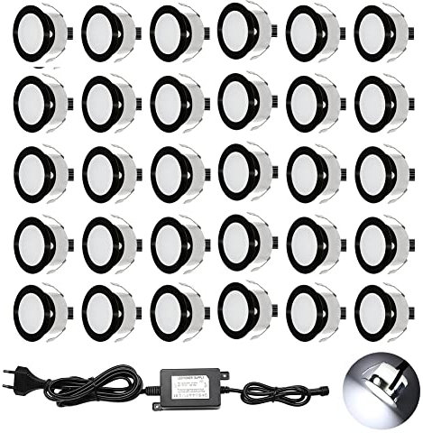 CHNXU 30er Set LED Einbaustrahler Bodeneinbaustrahler Kaltes Weiß 12V Ø30mm 0,6W 9LM Terrassenbeleuchtung Außen IP67 Wasserdichte LED Treppen Beleuchtung für Garten Holzbrücke Pool Holzdeck, Schwarz