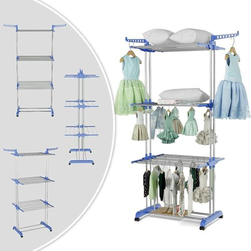 Alivio Clothes Drying Rack 4-Tier Airer, Foldable Clothes Hanger Adjustable Large Stainless Steel Garment Laundry Racks for Indoor & Outdoor (Blue)