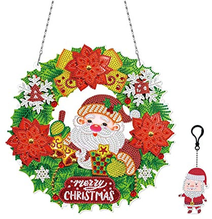 NSXIN 5D Diamond Painting Weihnachten Deko, DIY Diamant Malerei Bilder Kit Weihnachtskranz mit LED-Licht, Handwerk Applique Mosaik für Haustür Wand Fenster Weihnachtsdekor (A6)