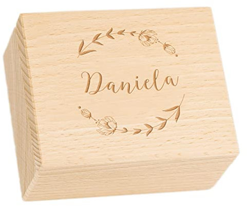 LAUBLUST Schmuckkästchen aus Holz - Natur - Personalisiert - 10 x 8 x 5 cm - mit floralem Motiv - Geschenkbox Klein - Personalisierte Geschenke - Schmuckkasten Mädchen - Ohrring Aufbewahrung