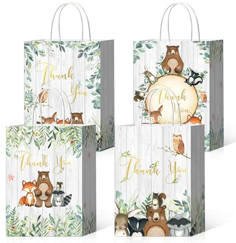 AnyDesign 24 Stück Woodland Thank You Geschenktüten mit Griffen, 4 Designs, Wald, Babyparty, Party, Geschenktüten für Geburtstag, Hochzeit, Babyparty, Partyzubehör, Dekoration, 15 x 21 x 7,9 cm