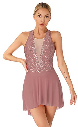 ranrann Robe Patinage Artistique Femme Robe Danse sans Manches Justaucorps Gymnastique Strass Brillant Costume Spectacle S-XXL Rose poudré M