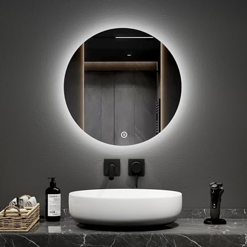 EMKE Round Bathroom Mirror with Led Lights - 50CM Wall Mounted Vanity Mirror Frameless Circular Bathroom led Mirrors with Touch Switch, Adjusting Brightness, Illuminated Smart Mirrors