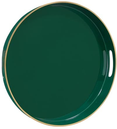 MAONAME Dark Green Decorative Tray, 13 Round Serving Tray with Handles, Plastic Tray for Coffee Table, Modern Ottoman Tray for Living Room, Bedroom