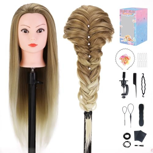 Training Head, TopDirect 75cm/29.5inch 100% Synthetic Fiber Hair Cosmetology Hairdressing Mannequi Head with Hair Manikin Doll with Table Clamp Holder + Hair Styling Set