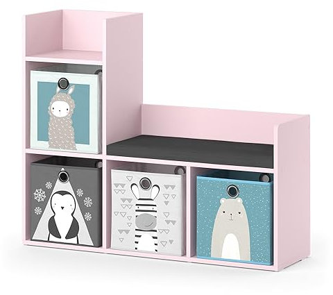 Vicco Kinderregal Luigi, Spielzeugregal mit Sitzbank, Rosa, 107.2 x 88.6 cm mit 2 Faltboxen (grau)