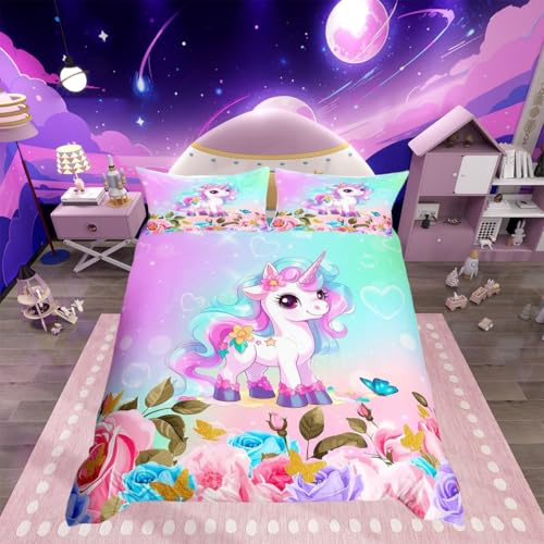 Cartoon Unicorn Kids Duvet Cover Single Size,Rose Flowers Butterfly Leaves Bedding Set,Girls Women Room Decor,Starry Sky Unicorn Cute Comforter Cover,Pink Purple Romantic Quilt Cover,1 Pillowcase