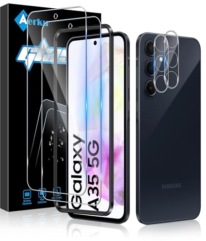 Aerku Verre Trempé pour Samsung Galaxy A35 5G & Caméra Arrière Protecteur | [2+2 Pièces] Dureté 9H [Sans Bulles] [Ultra HD] Ultra Résistant Film Vitre Trempé Protection écran [Transparente]