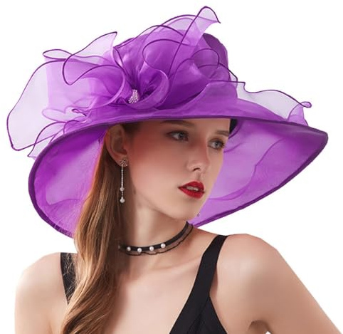 ZESLIV Chapeau en organza pour femme - Chapeau de mariage - Chapeau de soleil avec fleurs en organza - Chapeau d'été - Protection solaire - Chapeau de plage