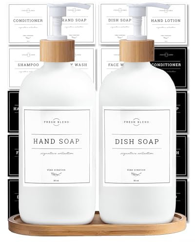 Vine Creations White Glass Soap Dispenser Set - Kitchen Soap Dispenser Set with Tray - Bamboo Hand and Dish Soap Dispenser Set for Kitchen or Bathroom - White Kitchen Decor with Waterproof Labels